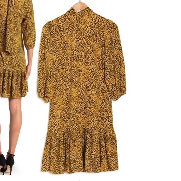 NANETTE LEPORE Drop Waist Pleated Hem Cheetah Print Dress In Black Gold Sz 12 - Picture 2 of 14